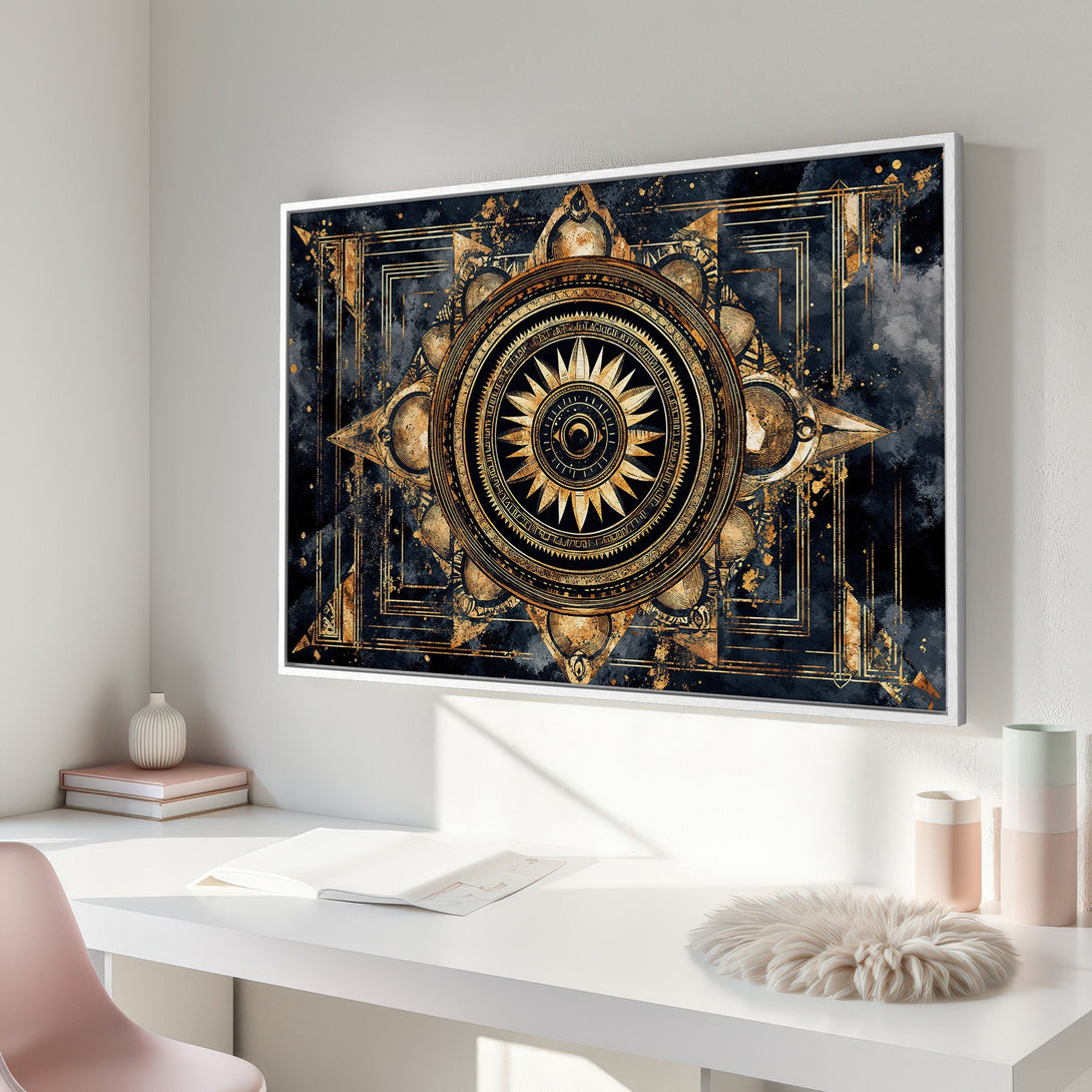 Framed Wall Art featuring an abstract gold and navy mandala design. Modern Canvas Print for stylish home decor with a luxury aesthetic.