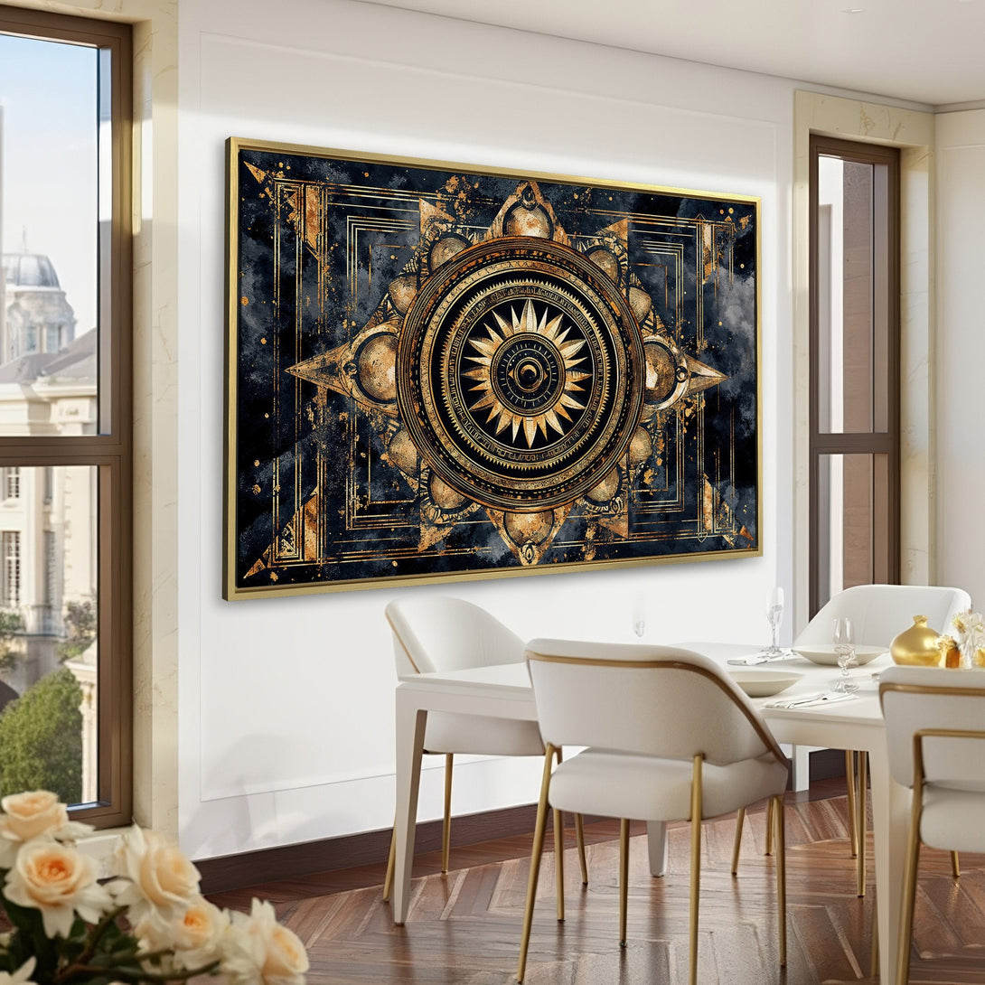 Canvas Print of an ornate, gold and black mandala art piece. Modern, abstract style with a luxurious, dark color palette. Perfect wall decor.