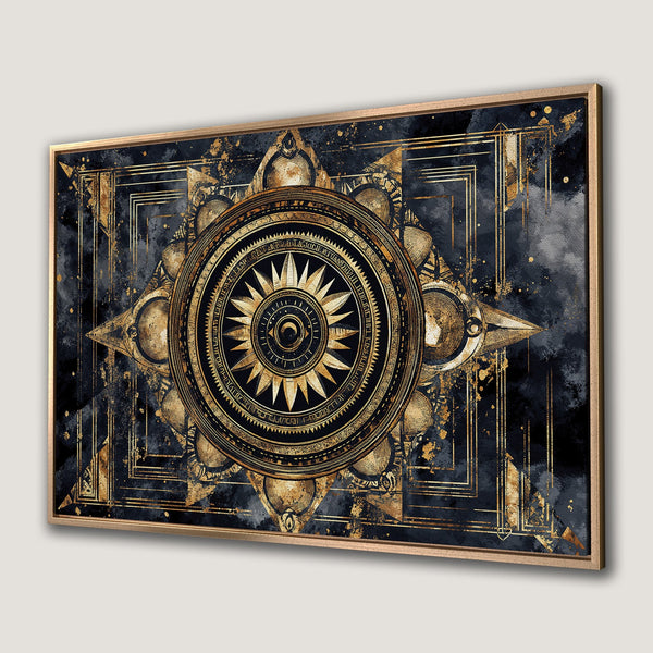 Framed Wall Art: Geometric mandala design in gold and black, perfect for adding a touch of luxury and sophistication to your living space.