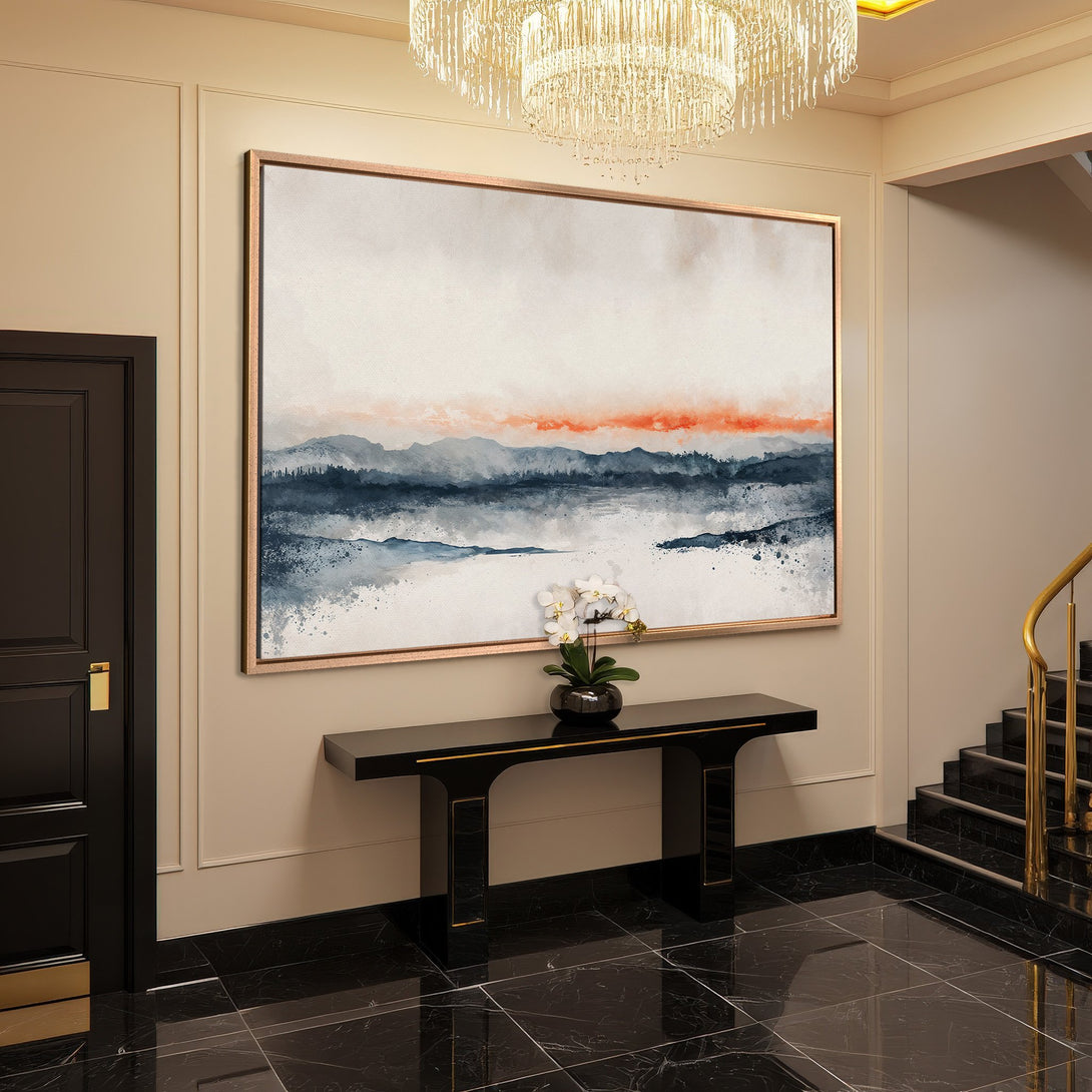 Framed Wall Art: Abstract landscape canvas print in blue, orange, and white. Modern art for elegant home decor.