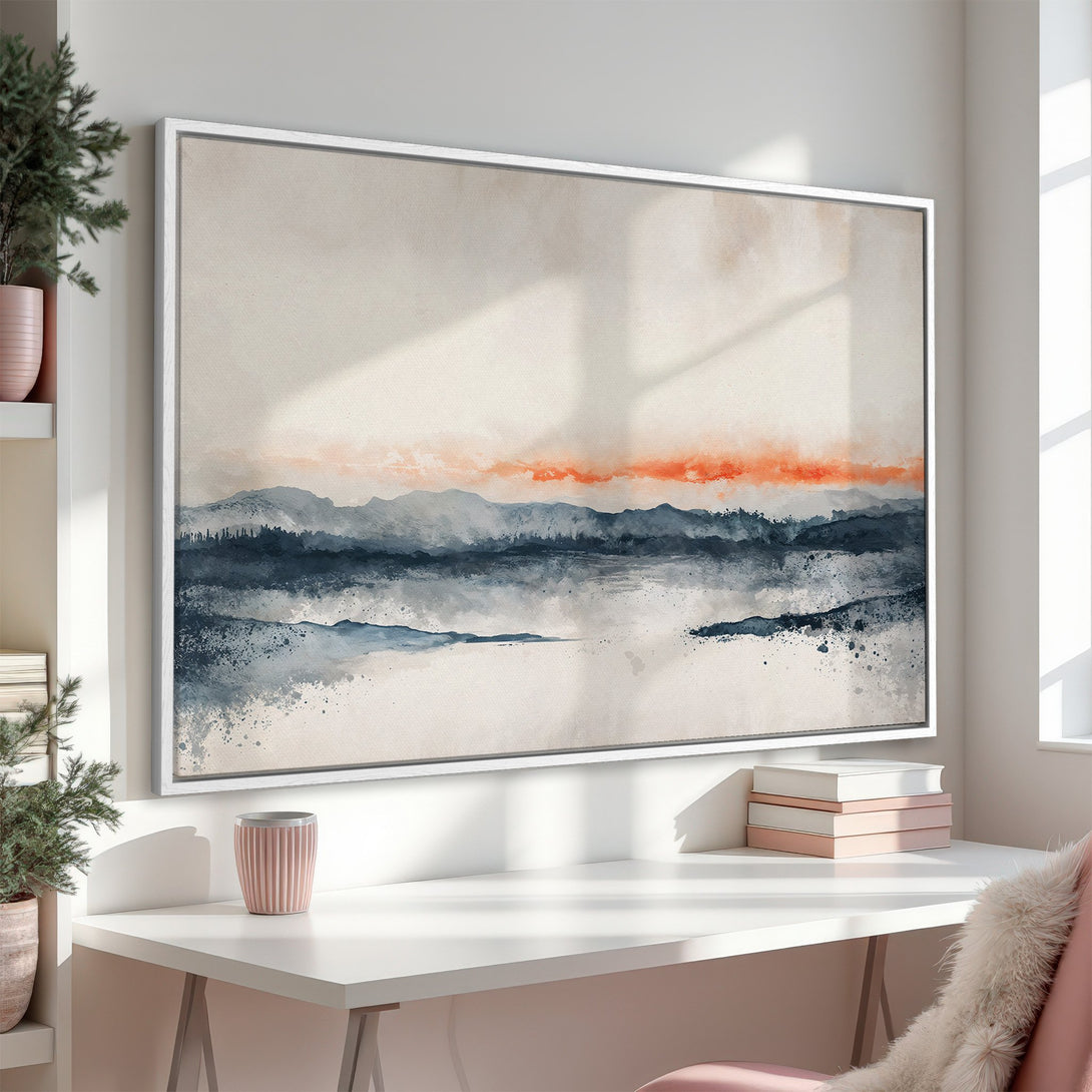 Framed Wall Art: Abstract landscape Canvas Print in watercolor style with blue, orange, and neutral tones. Perfect for modern home decor.