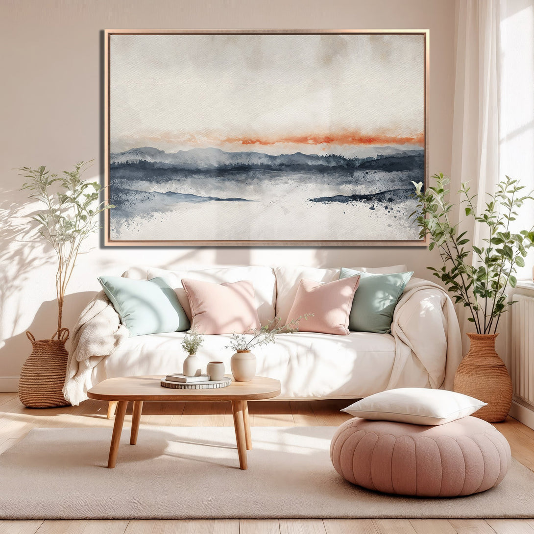Framed Wall Art: Abstract landscape Canvas Print with a neutral color palette. Modern art for living room decor. Shop now!