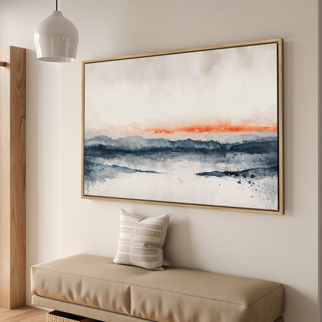 Framed Wall Art: Abstract landscape Canvas Print in watercolor style. Features a calming blue, orange, and neutral color palette. Perfect for modern home decor.