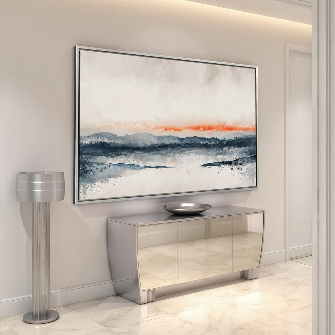 Framed Wall Art: Abstract landscape Canvas Print with blue, orange, and gray tones. Modern art for home decor, displayed in a stylish interior setting.