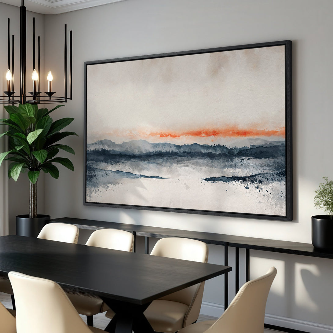 Framed Wall Art: Abstract landscape Canvas Print in neutral tones with pops of orange. Modern art for dining room decor.