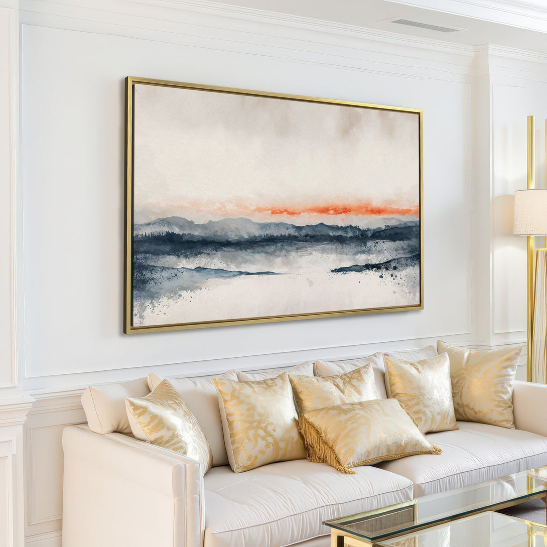 Canvas Print of a watercolor landscape in a modern living room. Features a serene, minimalist style with a muted blue, gray, and orange color palette.