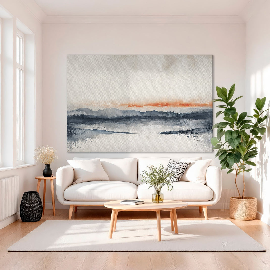 Framed Wall Art: Abstract landscape Canvas Print in blue, orange, and neutral tones. Modern art perfect for living room decor.