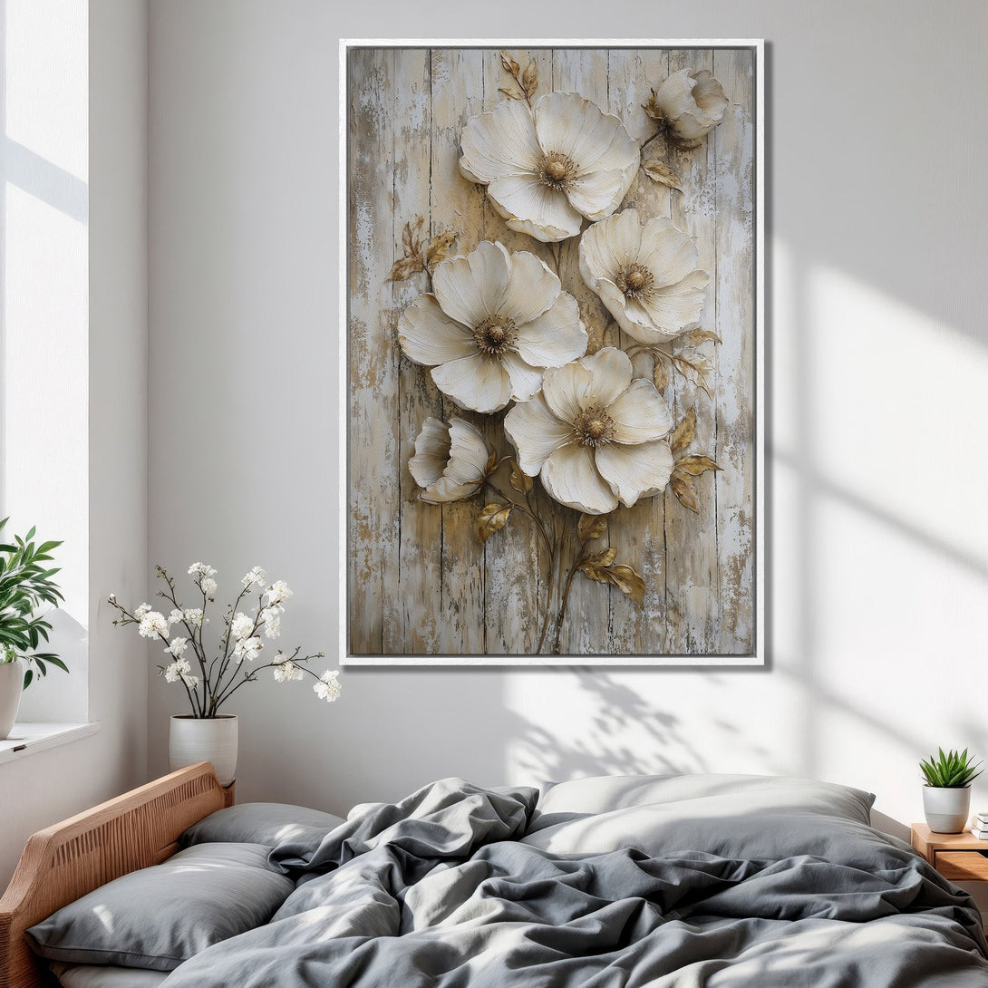 Framed Wall Art featuring elegant white floral design. Neutral color palette complements any decor. Perfect for bedroom or living room. Shop now!