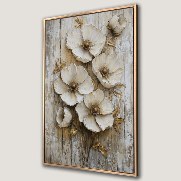Framed Wall Art featuring textured white floral design on a rustic wooden background. Neutral color palette with gold accents, perfect for adding elegance to any space.