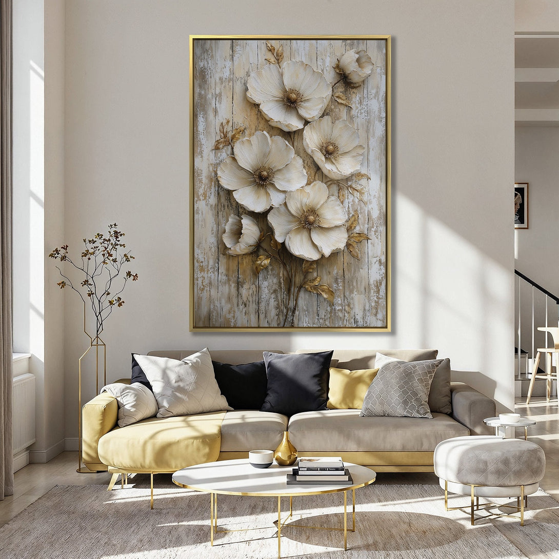 Canvas Print featuring elegant white floral art on a rustic wooden background. Soft, neutral color palette, perfect for adding a touch of nature to any space.