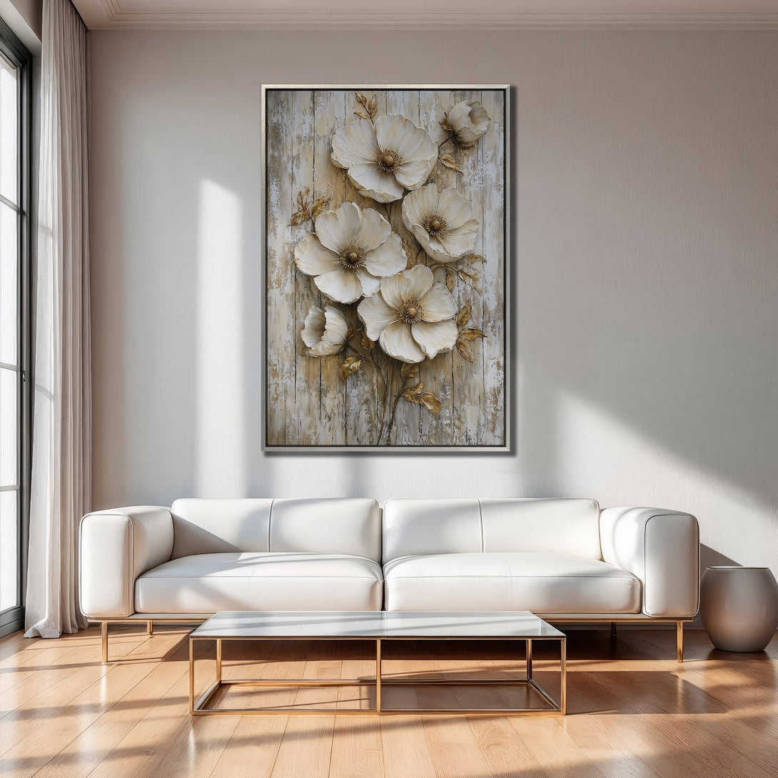 Framed Wall Art featuring elegant white floral design in neutral tones, perfect for modern interior decor. Enhance your space with this stunning canvas print.