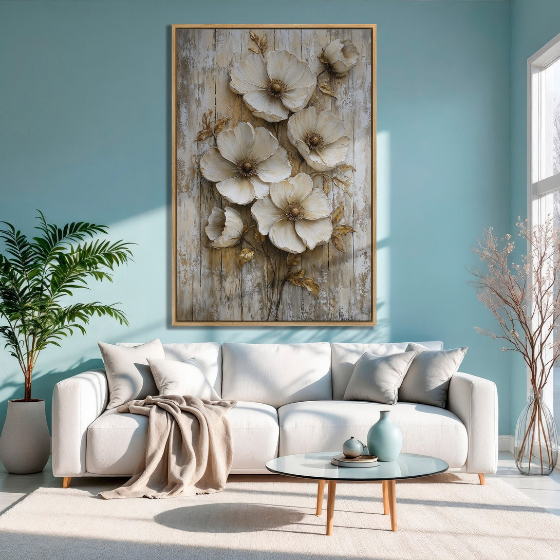 Framed Wall Art featuring elegant floral design in neutral tones. Perfect for adding a touch of sophistication to any living room.
