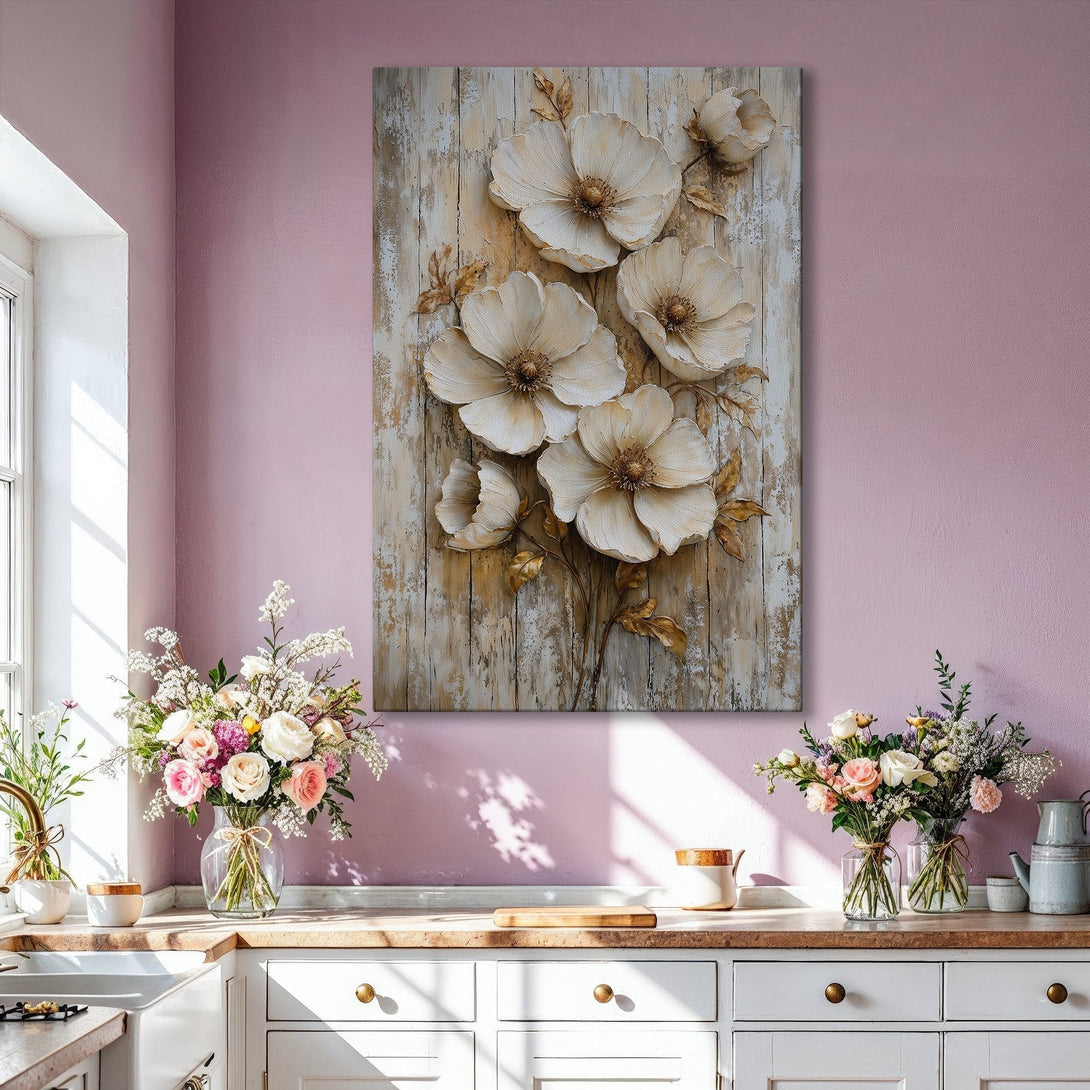 Framed Wall Art: Elegant floral canvas print in neutral cream and gold tones. Perfect for living room decor, adding a touch of sophistication.
