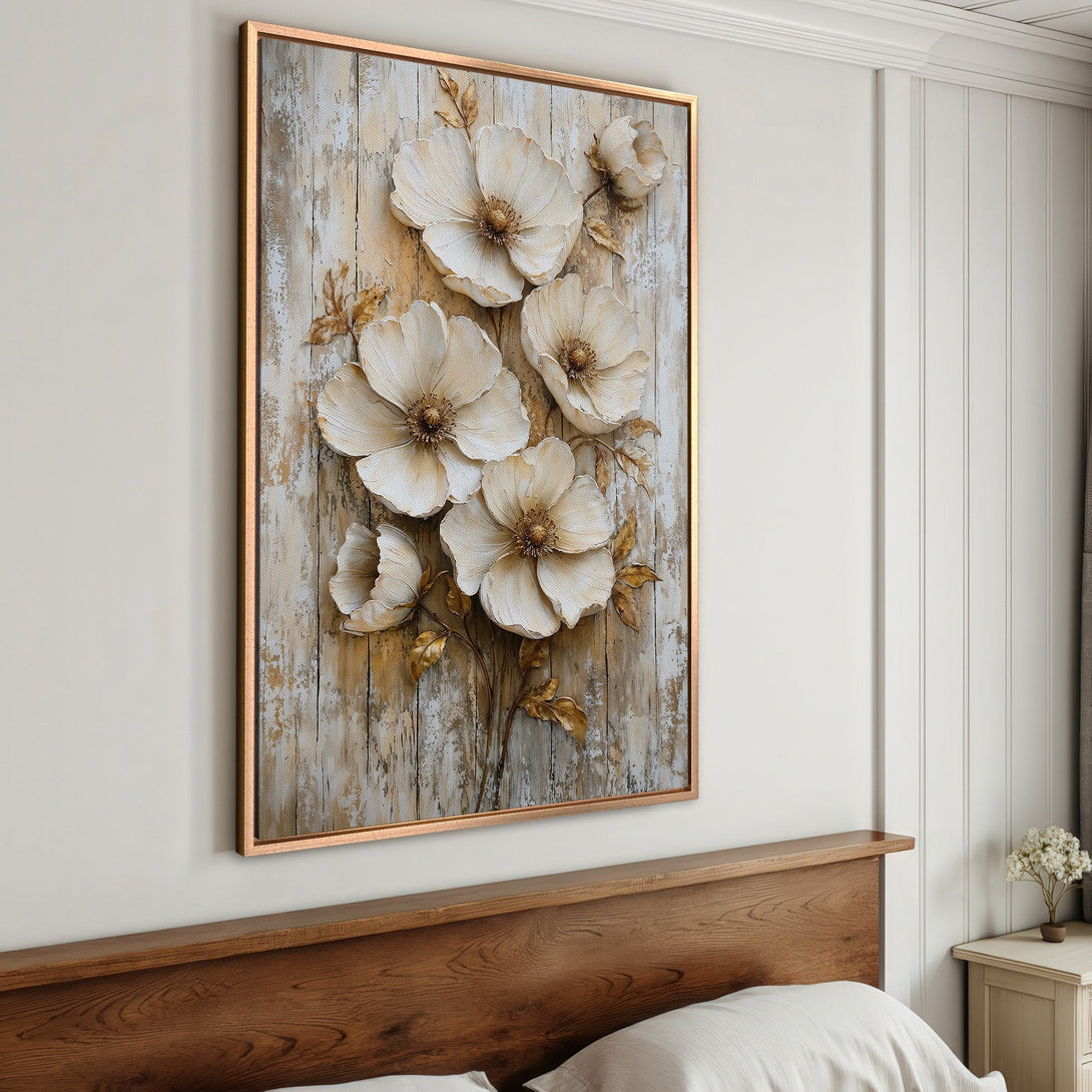 Framed Wall Art: Elegant floral canvas print in neutral tones. Adds a touch of nature and sophistication to any bedroom decor.