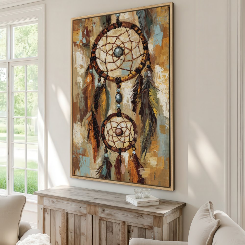 Framed Wall Art: Dreamcatcher painting in warm earth tones. Rustic style Canvas Print for boho home decor.