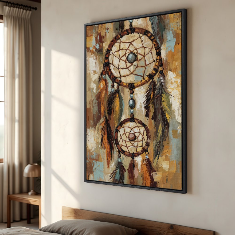 Framed Wall Art: Dreamcatcher painting in warm earth tones. Add bohemian flair to your space with this stunning Canvas Print.