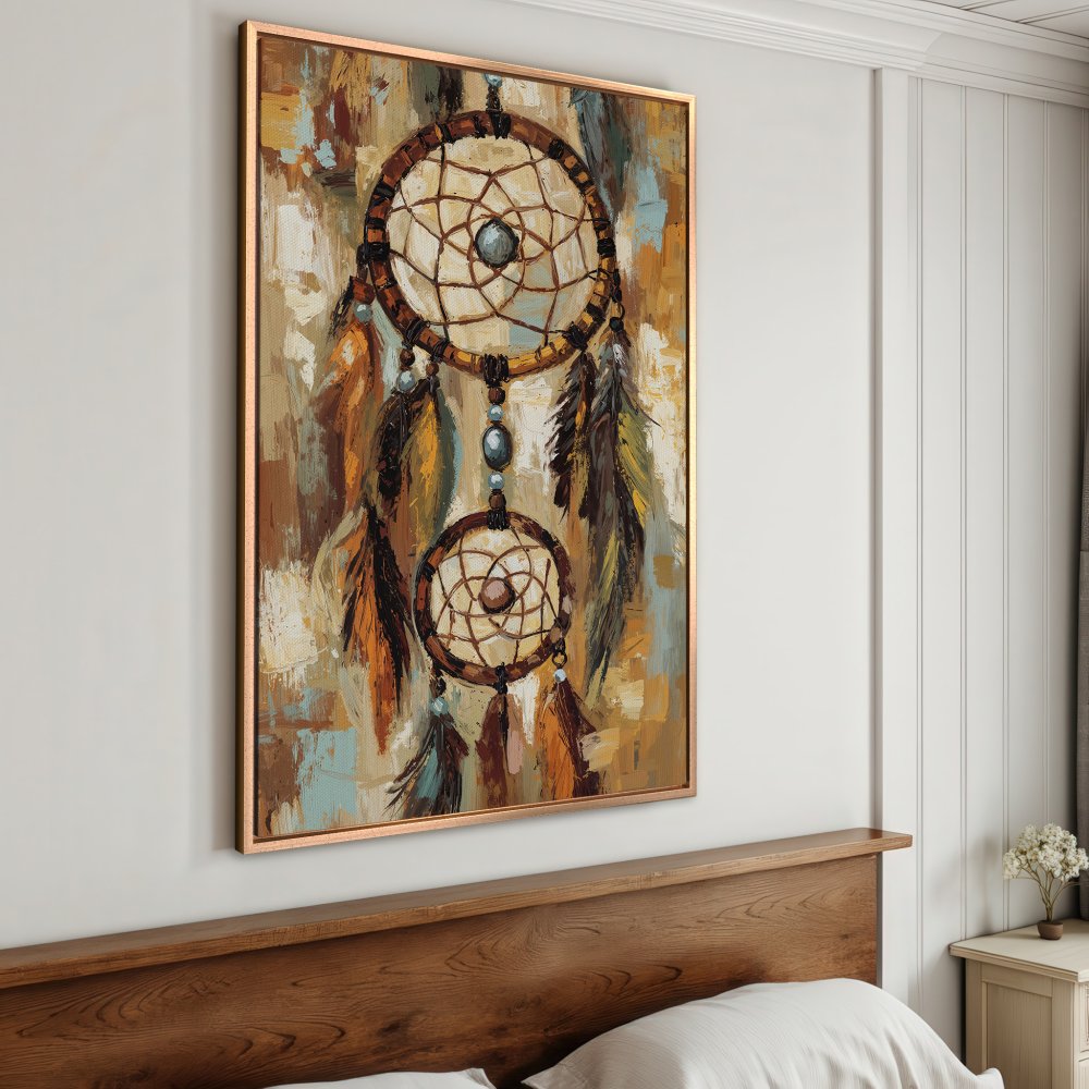 Framed Wall Art: Dreamcatcher painting with warm earth tones. Add bohemian style to your space with this beautiful Canvas Print.