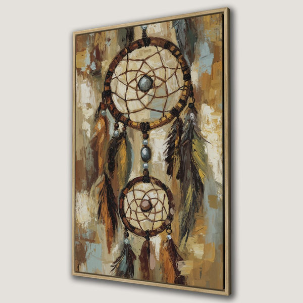 Framed Wall Art: Dreamcatcher painting in warm earth tones. Add bohemian style to your home with this textured canvas print.
