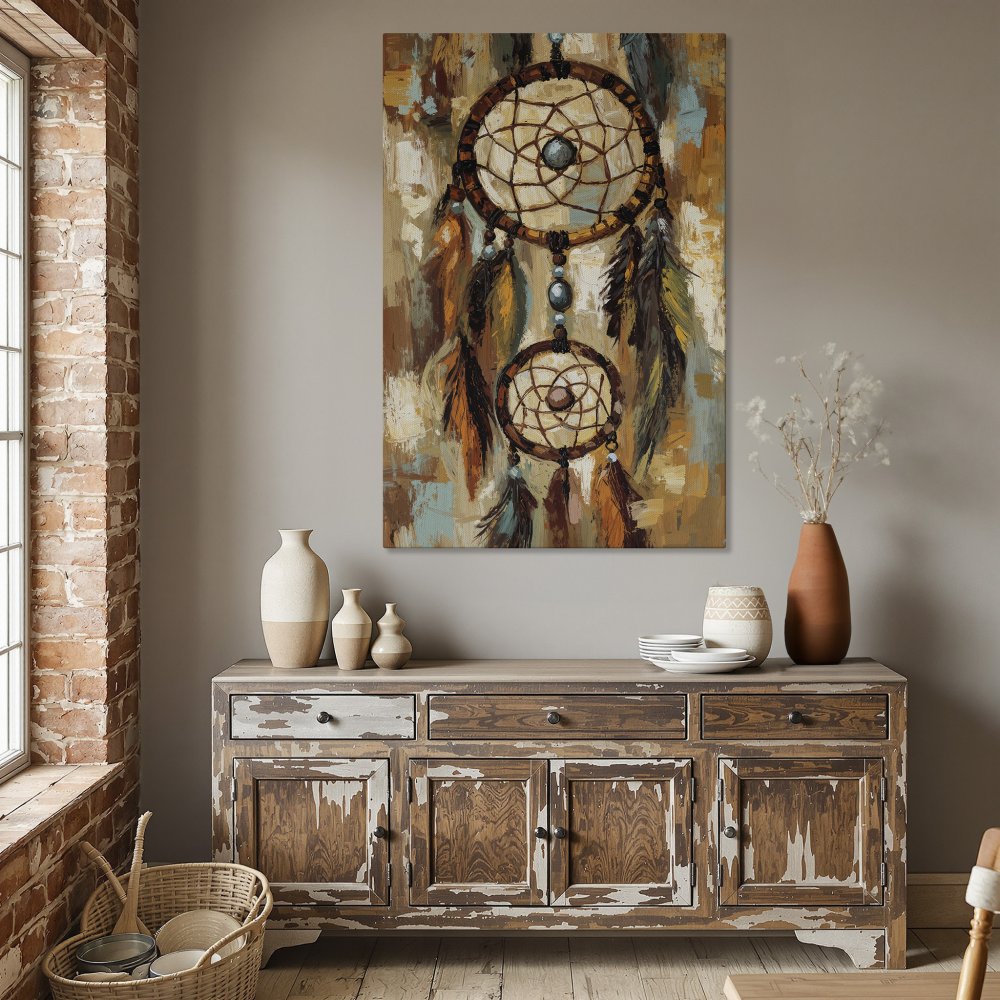 Framed Wall Art: Dreamcatcher canvas print in warm earth tones. Boho style art for living room or dining room decor.