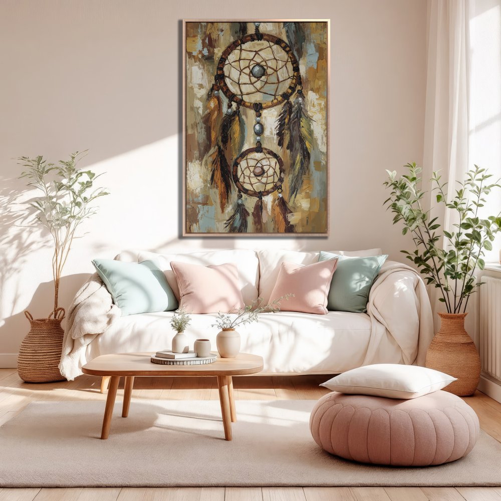 Framed Wall Art: Dreamcatcher painting in warm, neutral tones. Perfect boho-chic decor to elevate your living room style.