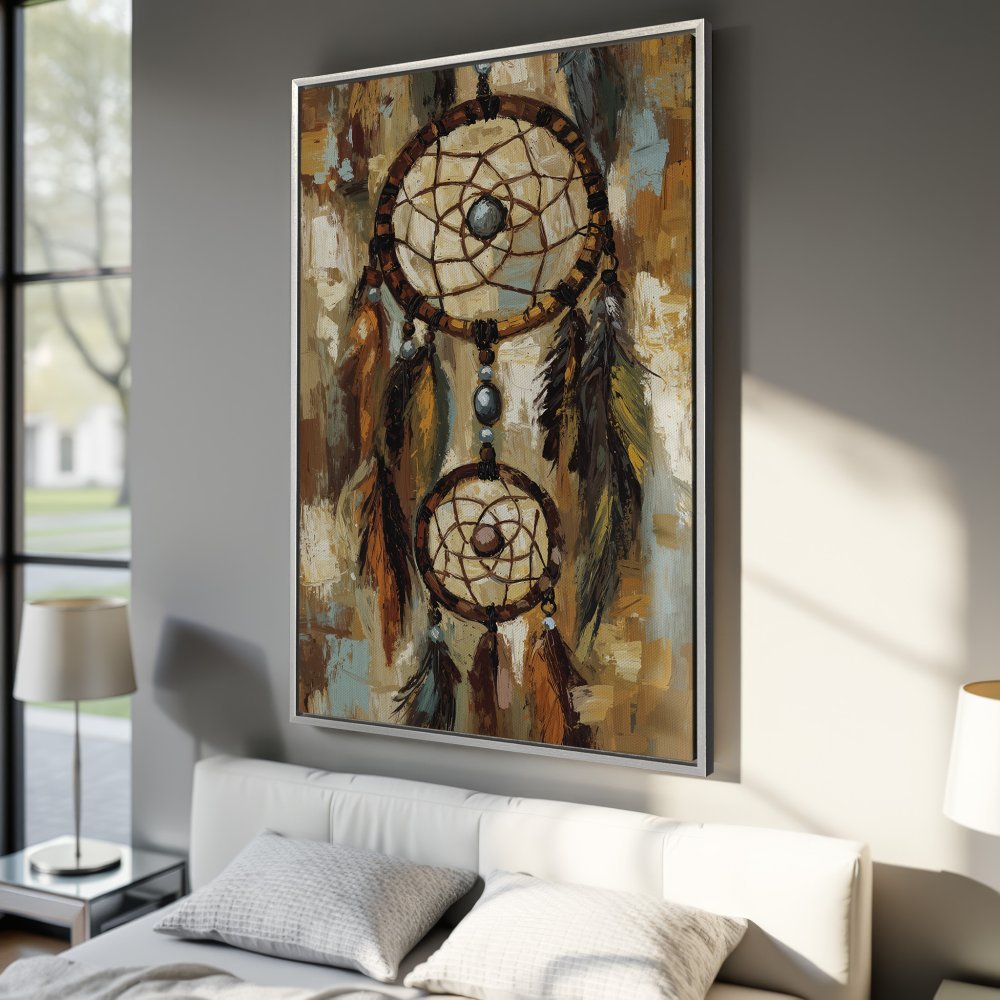 Framed Wall Art: Dreamcatcher painting in warm earth tones. Perfect for bohemian decor. Add a touch of tranquility to your space with this canvas print.