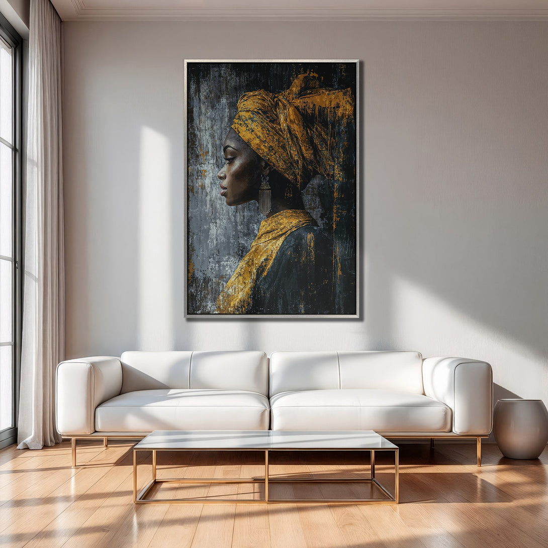 Framed Wall Art: Abstract portrait of a woman with a gold headwrap. Modern art with a black, gold, and grey color palette, perfect for interior decor.