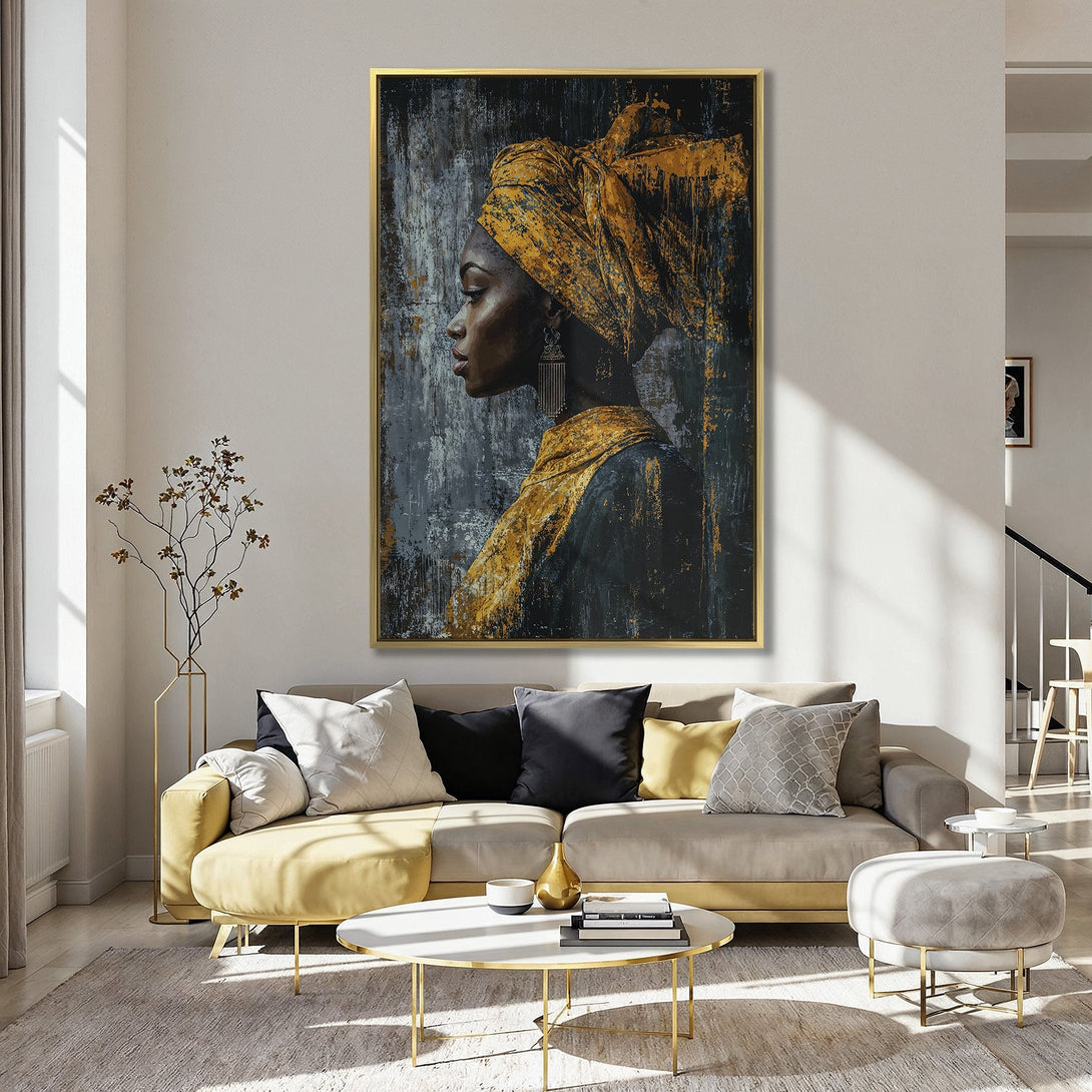 Canvas Print of a woman in profile, featuring a striking gold and black color palette. Modern art for your home decor.