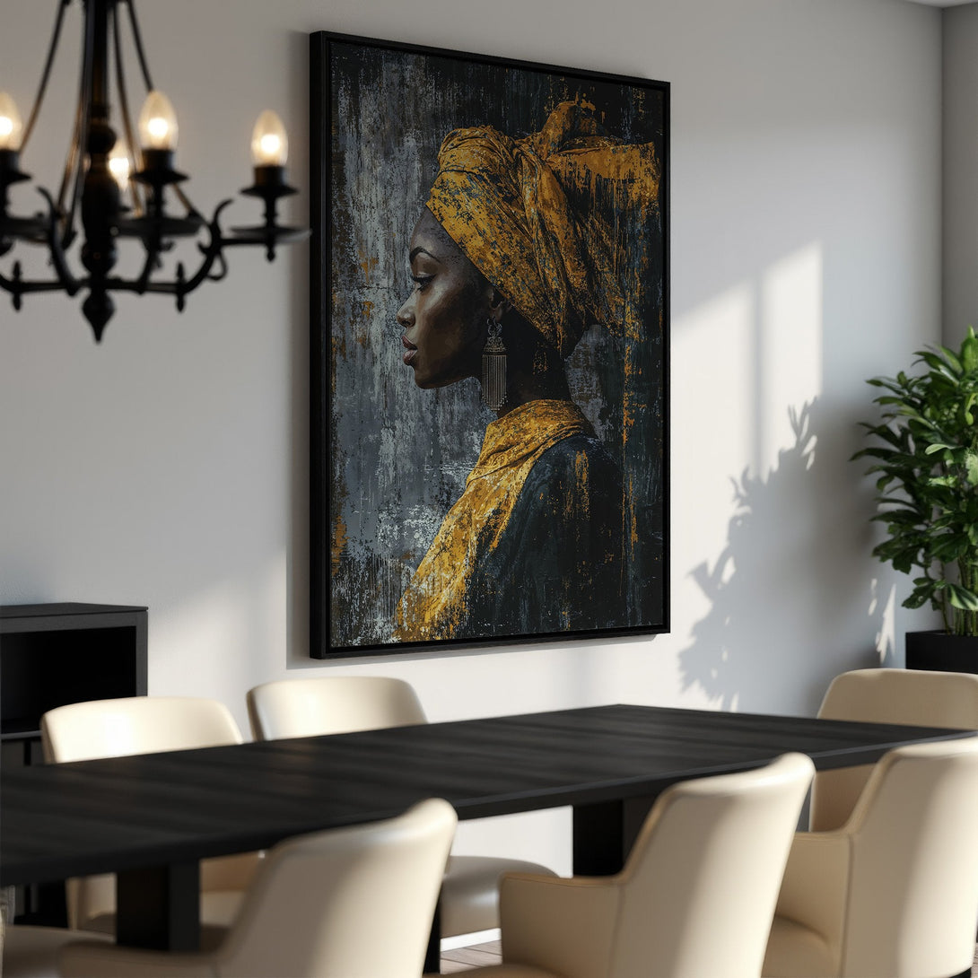 Framed Wall Art: Elegant portrait of a woman with a golden headwrap. Abstract style with a gray, black, and gold color palette. Perfect for dining room decor.