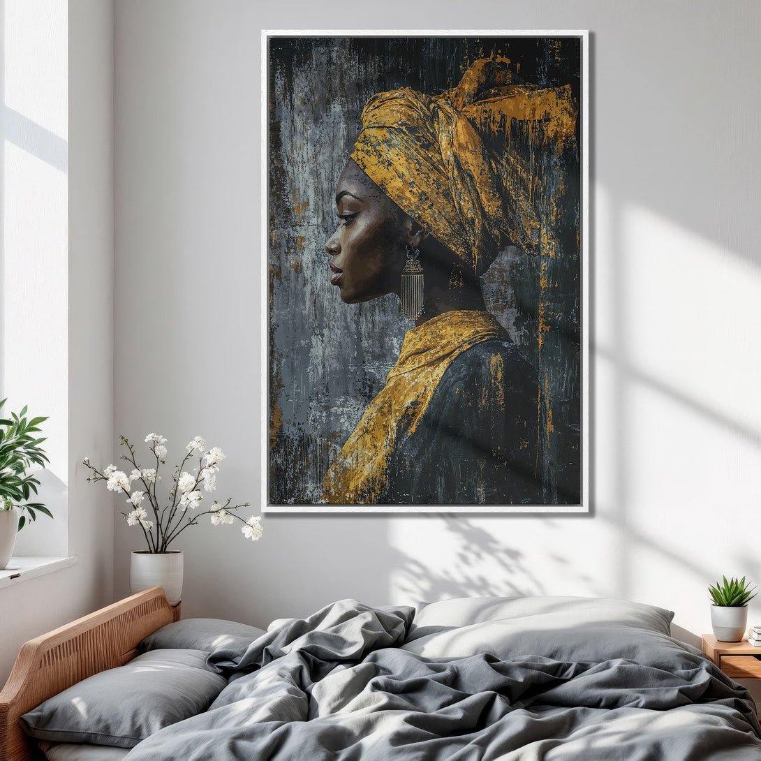 Framed Wall Art: Abstract portrait of a woman in gold and black. Modern art print with a neutral color palette for bedroom decor.