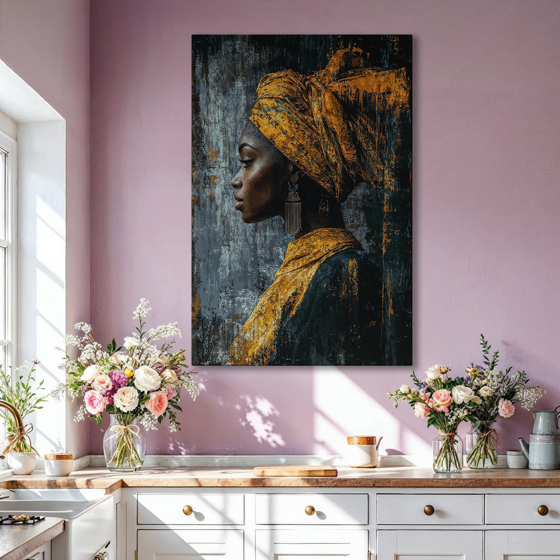 Framed Wall Art: Stunning portrait of a woman in a yellow headwrap, painted in a textured, abstract style. Features a gold and black color palette, perfect for modern decor.