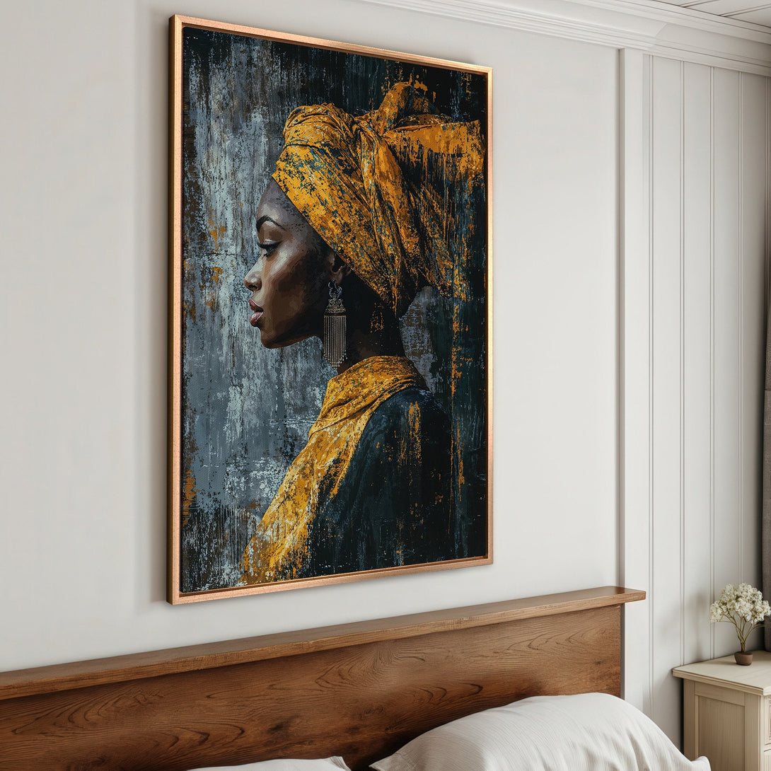 Framed Wall Art featuring a portrait of a woman with a yellow head wrap. Abstract style with a dark, moody color palette. Perfect for bedroom decor!