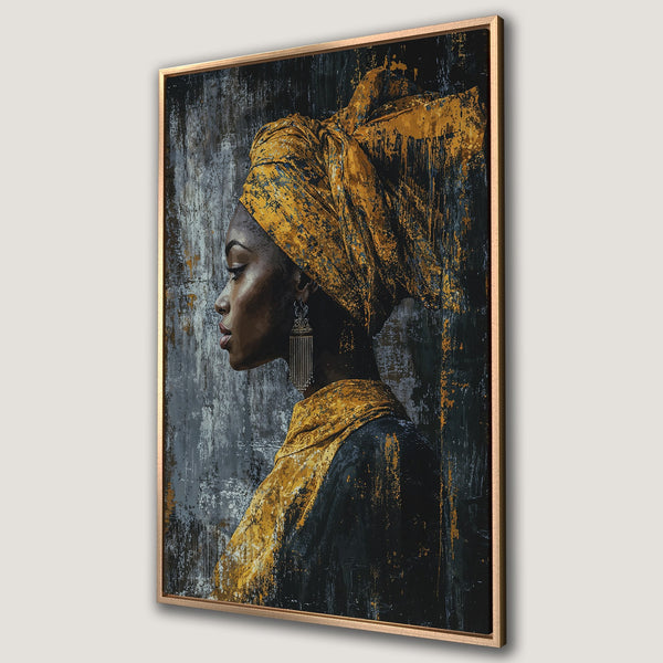 Framed Wall Art: Abstract portrait of a woman in gold and black. Modern canvas print, perfect for adding a touch of elegance to any room.
