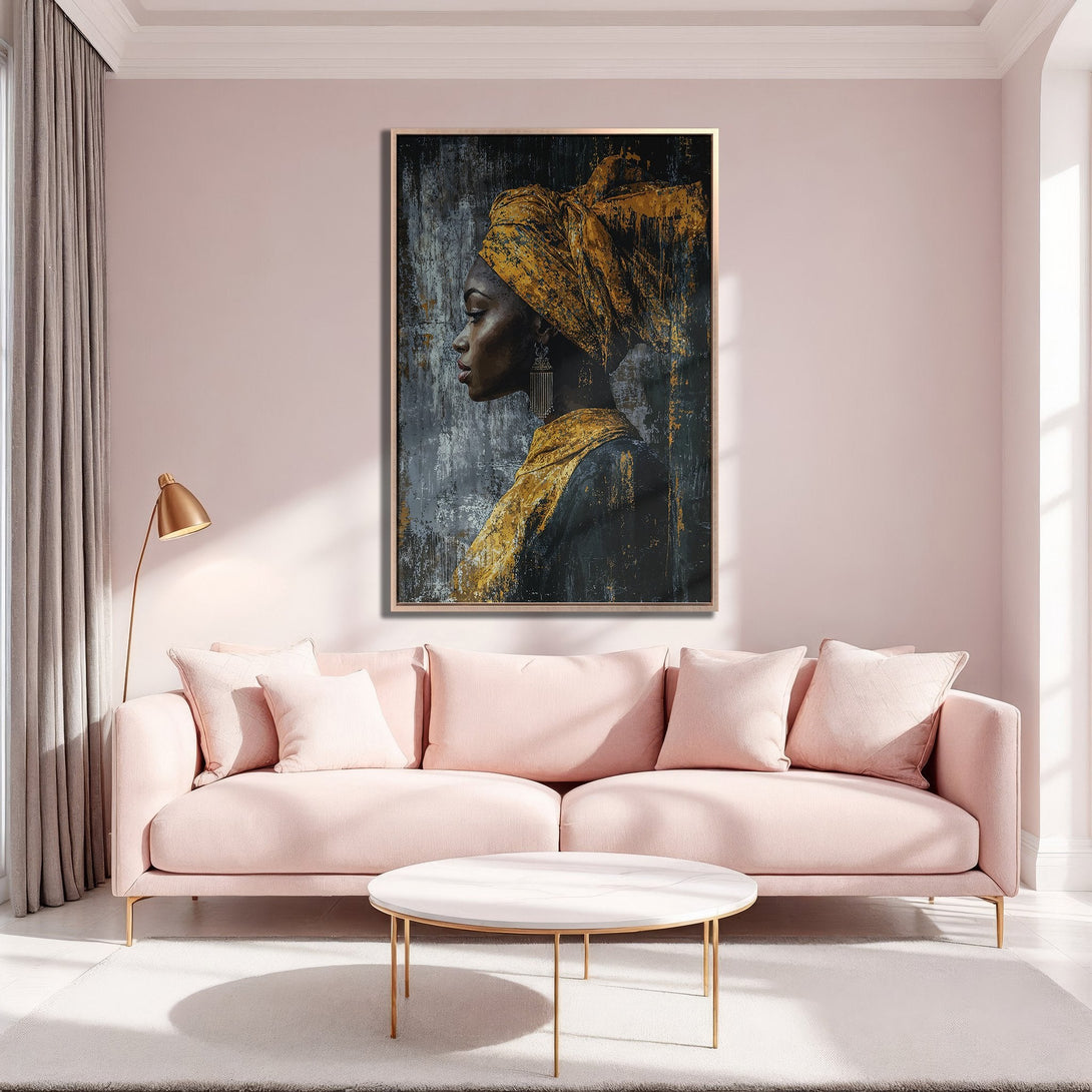 Framed Wall Art: Abstract portrait of a woman in gold and black, displayed in a pink living room. Modern decor with a touch of elegance.