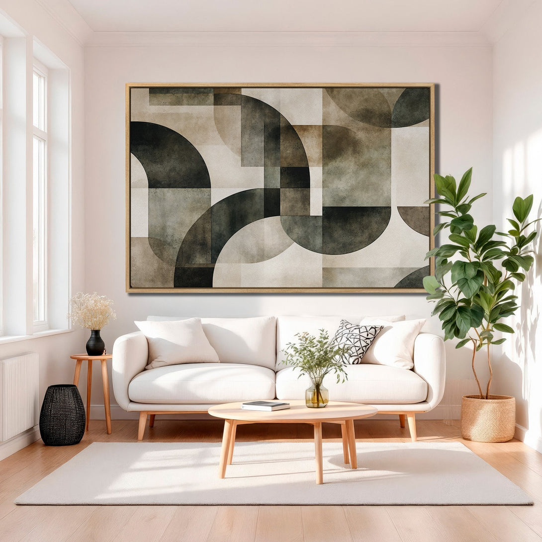 Framed Wall Art: Abstract geometric design in neutral tones. Modern canvas print adds a touch of elegance to any living room. Shop now for stylish home decor!