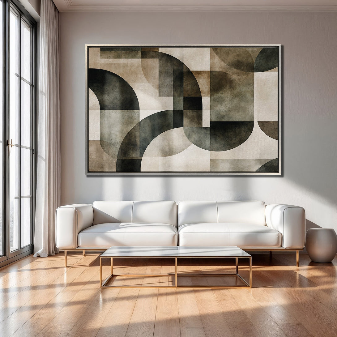 Framed Wall Art: Modern abstract geometric design in neutral tones. Perfect for minimalist decor. Enhance your living room with this stylish canvas print.