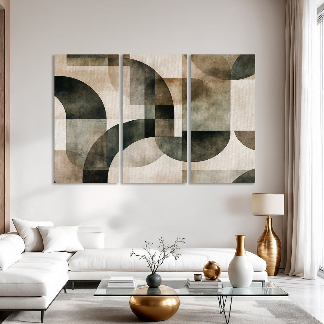 Abstract Canvas Print art in neutral tones of beige, brown, and green. Modern geometric design adds a touch of elegance.