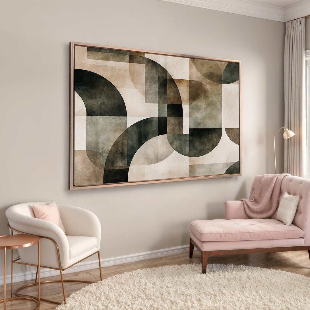 Framed Wall Art: Abstract geometric design in neutral tones. Earthy color palette complements modern interior decor. Elevate your space with this stylish canvas print.