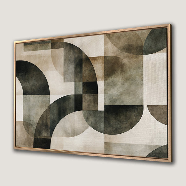 Framed Wall Art: Abstract geometric art print in neutral tones of beige, green, and brown. Modern decor for living rooms and bedrooms.