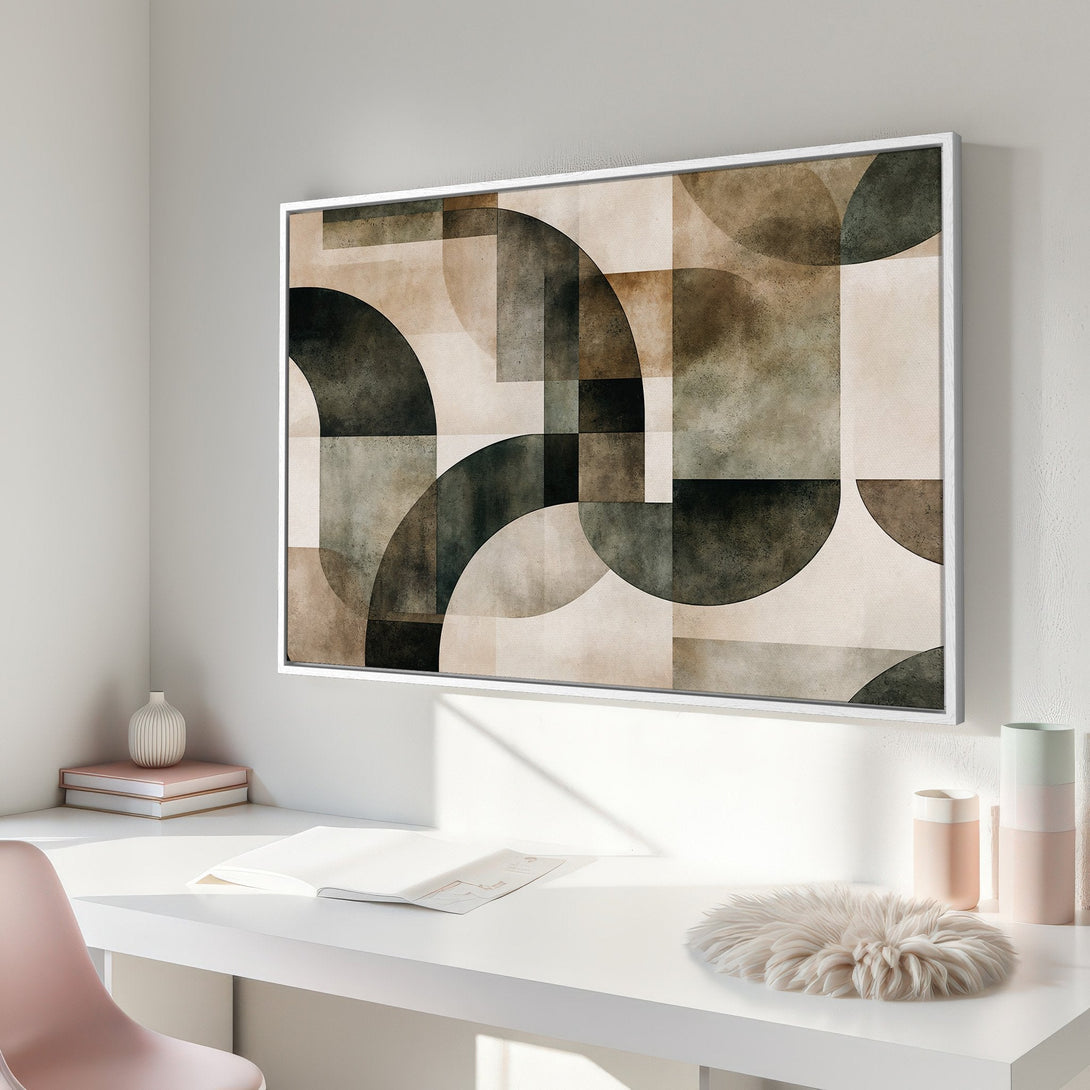Framed Wall Art featuring abstract geometric design in neutral earth tones. Modern Canvas Print for a stylish interior.