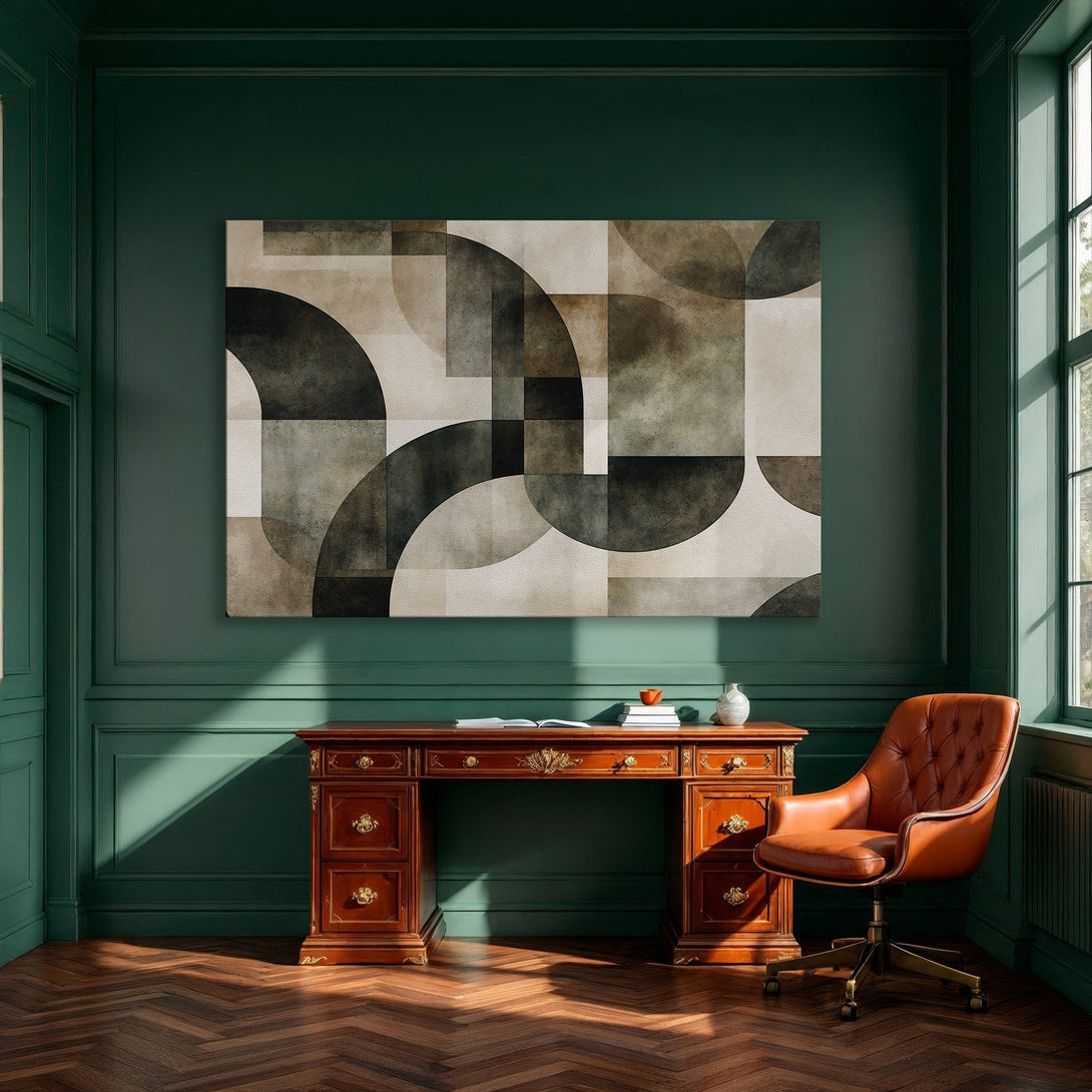 Framed Wall Art: Geometric abstract art in neutral tones. Modern canvas print with a gold frame, perfect for dining room decor.