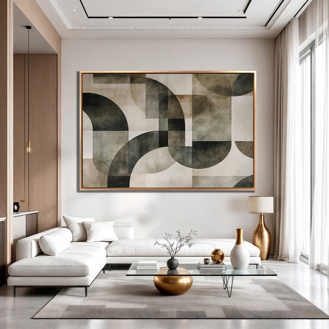 Framed Wall Art: Modern abstract geometric design in neutral tones of beige, grey, and black. Perfect for adding a touch of sophistication to any interior.