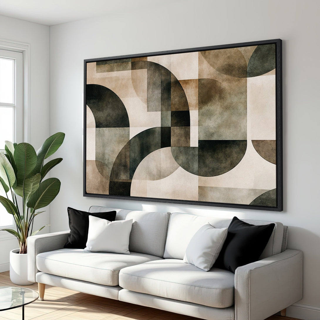 Framed Wall Art featuring a modern geometric design in earthy tones. Perfect for adding a touch of contemporary style to your living room.