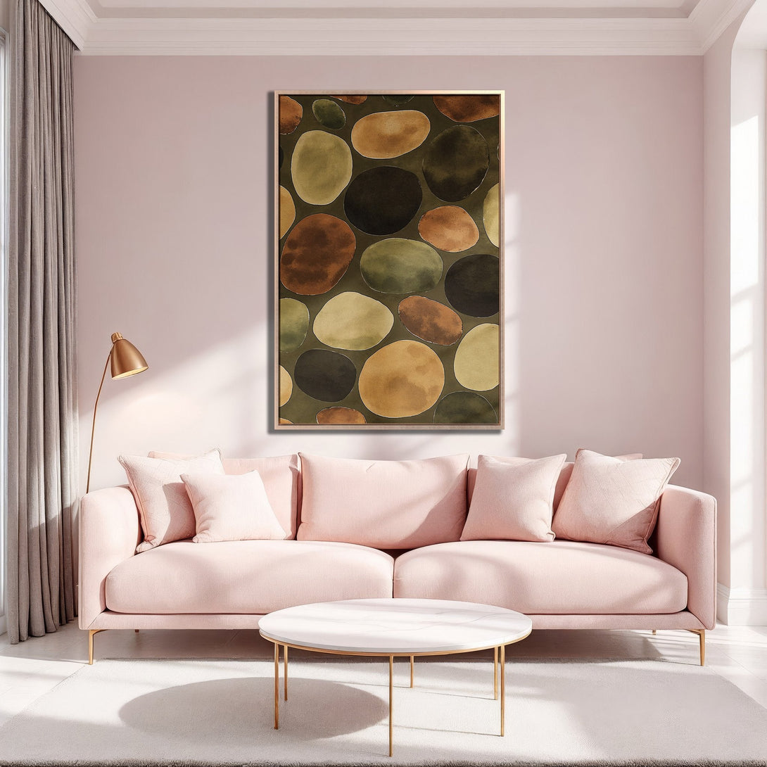 Framed Wall Art featuring abstract pebble design in earthy tones. Adds a touch of modern elegance to any living room. Shop now!