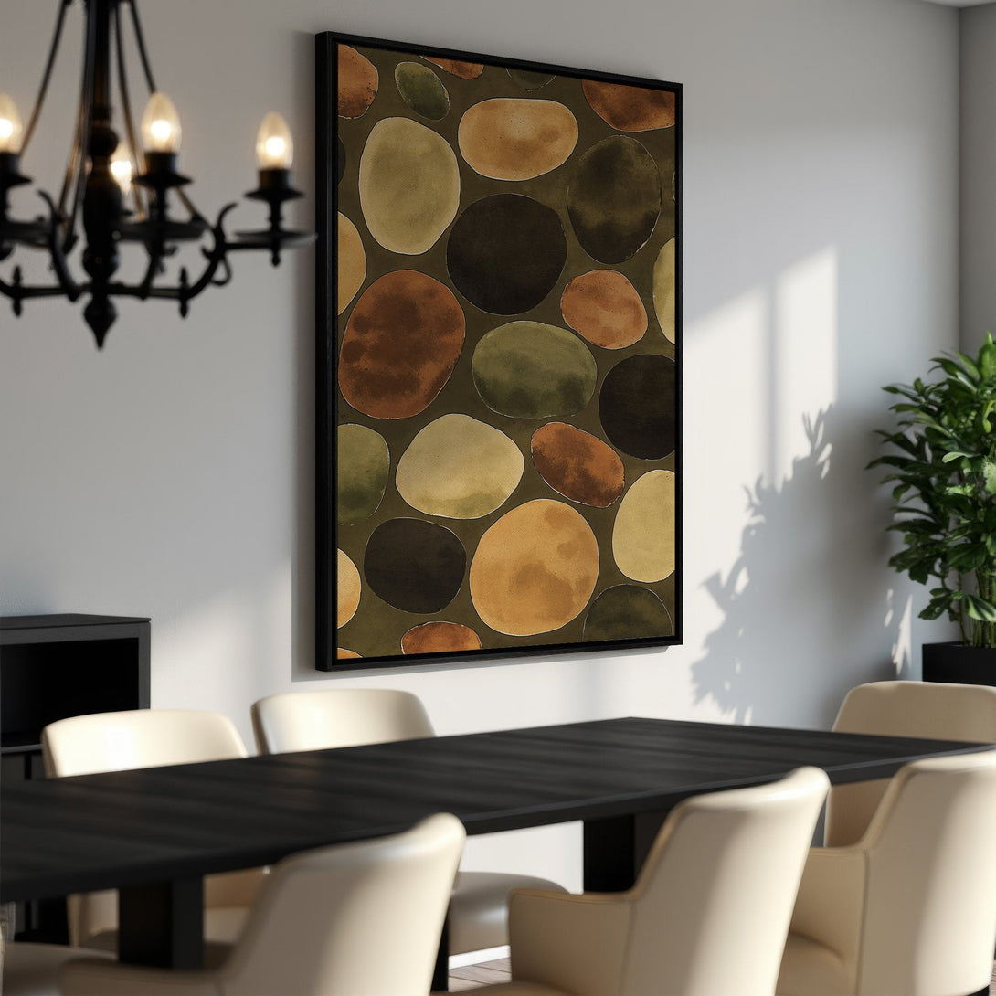 Framed Wall Art featuring abstract stone pattern in earthy tones. Perfect for adding a touch of modern art to your dining room decor.