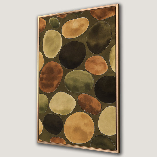 Framed Wall Art featuring abstract pebble design in earthy tones. Modern canvas print with warm brown, olive green, and gold color palette, perfect for any interior.