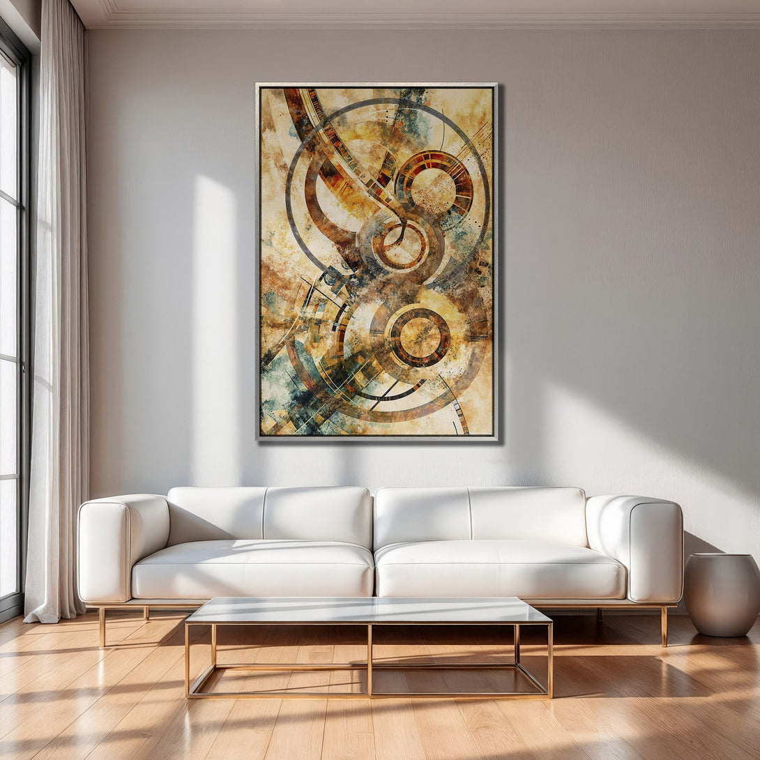 Framed Wall Art: Abstract geometric art in warm earth tones. Modern canvas print adds style to any living room. Shop now!