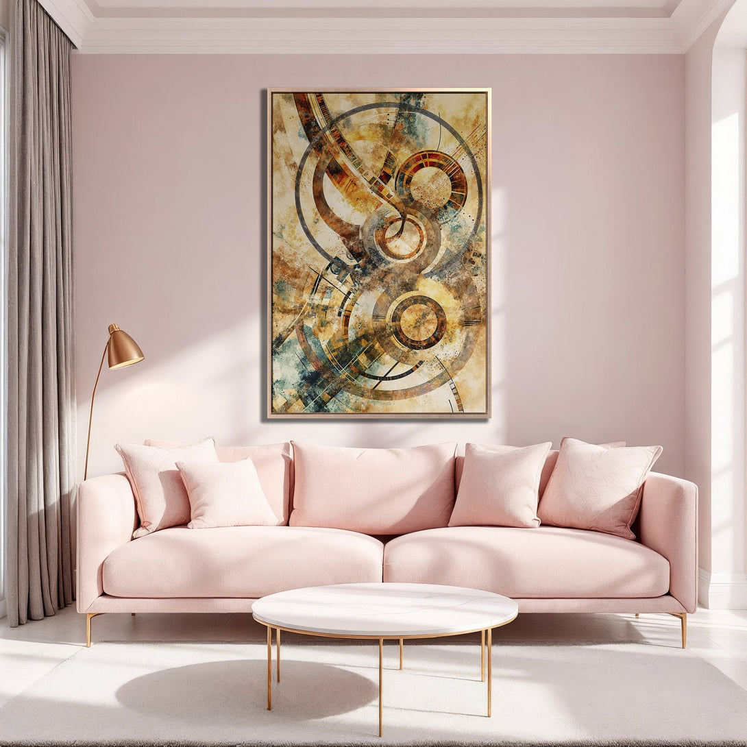 Framed Wall Art: Abstract geometric design in warm earth tones. Modern art canvas print displayed in a stylish, blush pink interior.
