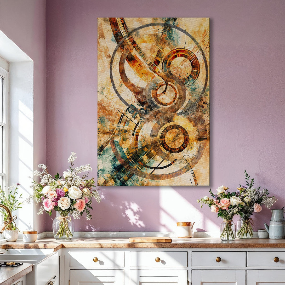 Framed Wall Art: Abstract geometric art print in warm earth tones. Modern canvas art with a gold frame, perfect for living room decor.