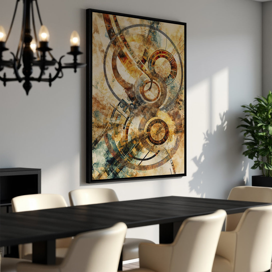 Framed Wall Art: Abstract geometric design in warm earth tones. Stylish Canvas Print with a modern, artistic touch for your dining room or living room.