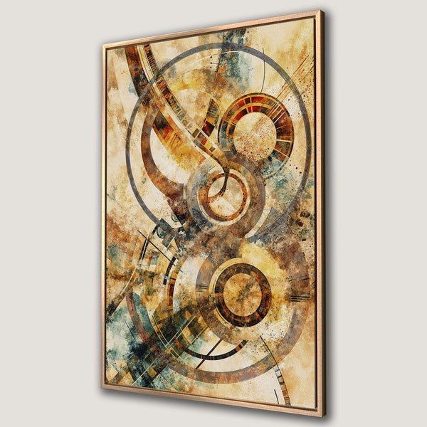 Framed Wall Art: Abstract geometric canvas print in warm earth tones. Modern art with circular and linear elements, perfect for adding a touch of sophistication.